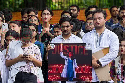 Kolkata rape-murder case: Doctors stage a protest at Jantar Mantar, in New Delhi